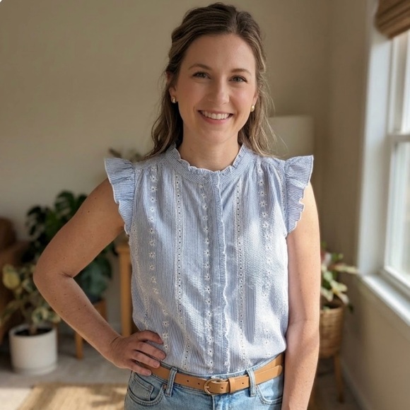 LOFT Tops - LOFT Light Blue Eyelet Ruffle-Sleeve Blouse